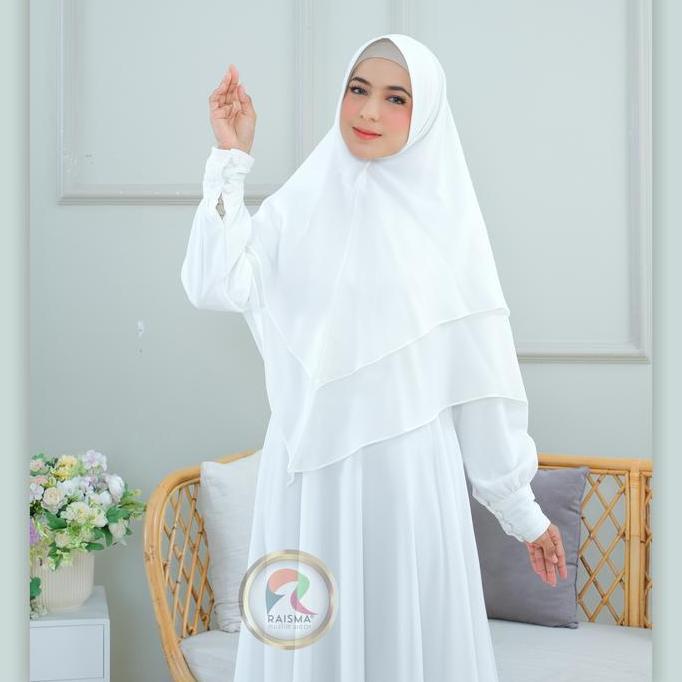 Hokywoi- Raisma - Mafaza Gamis Syar'I Putih Set Khimar Yulita Bahan Ceruti Babydoll Baju Umroh Haji 