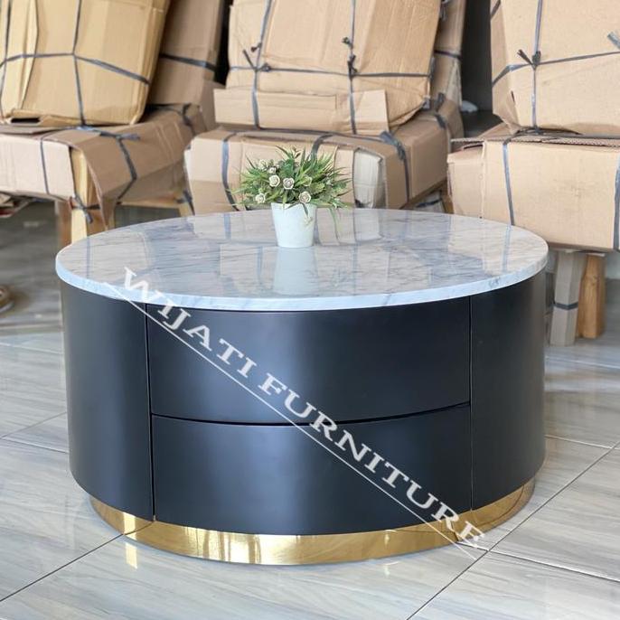 Terlaris Meja Tamu Marmer Carrara  Coffe Table Marmer Bulat Stainless Gold 80Cm