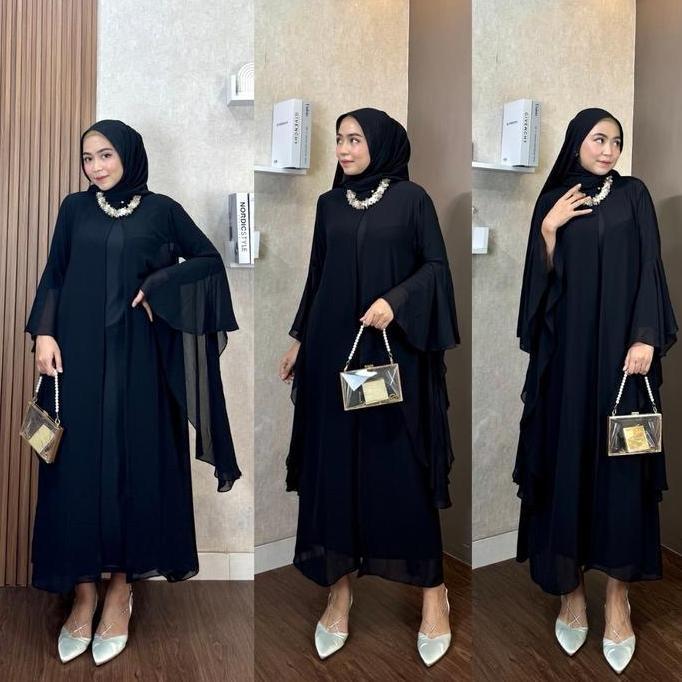 Hokywoi- Ameena Abaya Outer Set Inner Ceruty Polos Burgundi Adem Folwy Wanita Muslimah  Dress Gamis 
