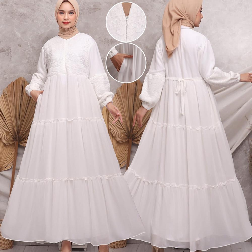 KKUM OFFICIAL Gamis Putih JUMBO Baju Lebaran Umroh Haji Busana Muslim Hijab Dress Brukat AGNES Wanit