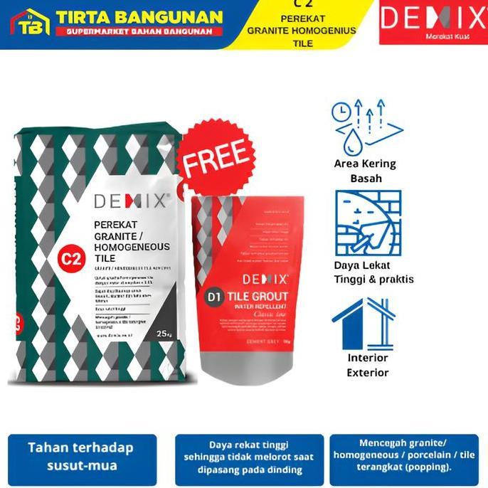 Promo PROMO DEMIX C2 PEREKAT LEM GRANITE TILE HOMOGENIUS MARMER  25KG FREE DEMIX D1 1 KG Diskon