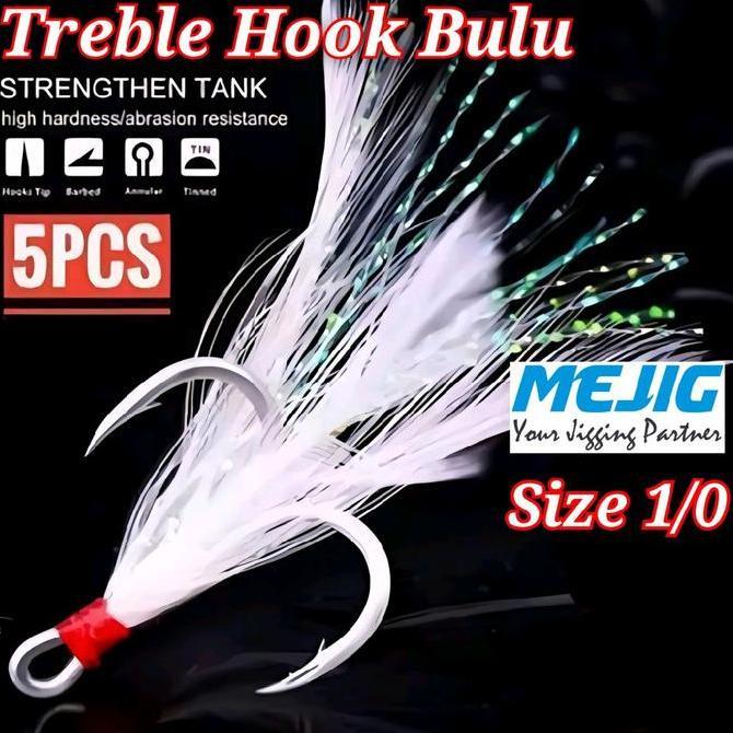 Treble Hook Bulu Size 1/0 Untuk Jig 100gr 120gr 150gr Spoon Lure 40gr 60gr 80gr (TERBAIK) (TERBARU) 