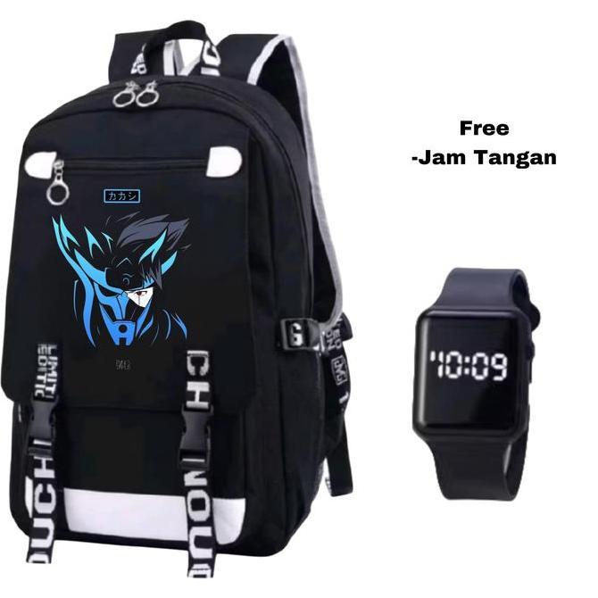 DS9 >> Tas Ransel Anak Anime Dark Siluet Biru + Bonus Jam Digital, Botol Minum & Jas Hujan | Tas Sek