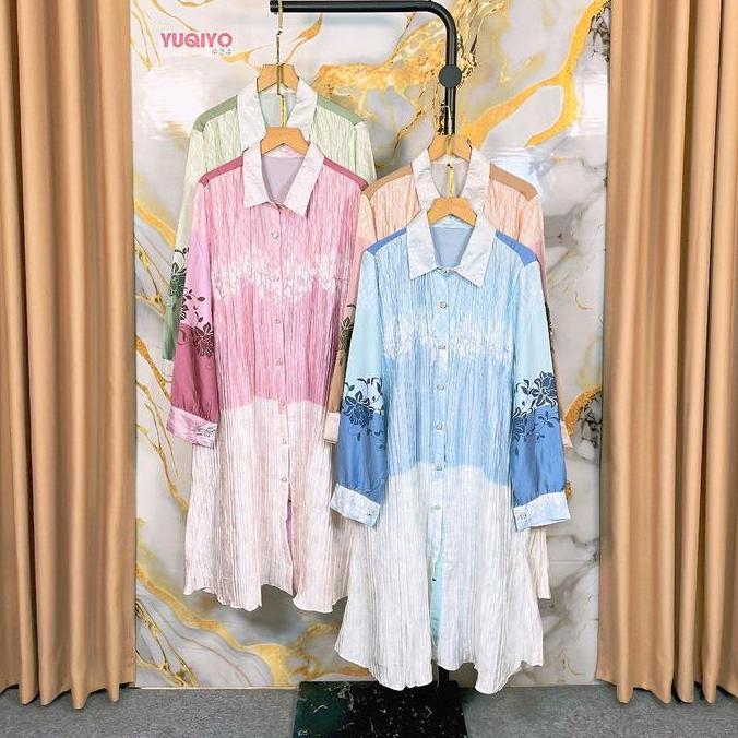 YUQIYO | Tunik Muslimah Wanita Slik Plisket / Tunik Motif Bunga / Nyaman Panjang Atasan Katun