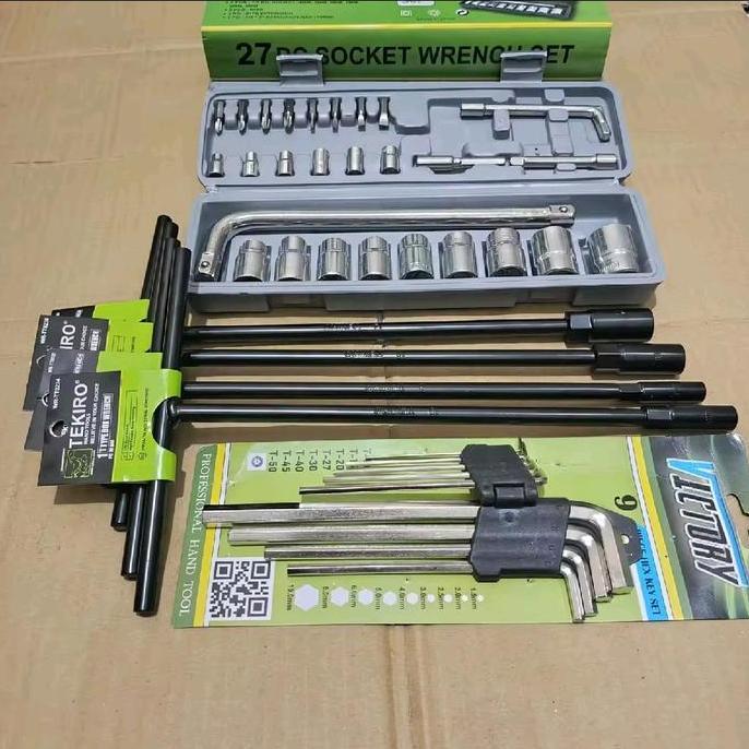 PAKET 3 SET  Kunci Pas / Shock / Sok 27 Pcs + Kunci T TEKIRO 8-10-12-14 mm + Kunci L Set 9 Pcs ( BAY