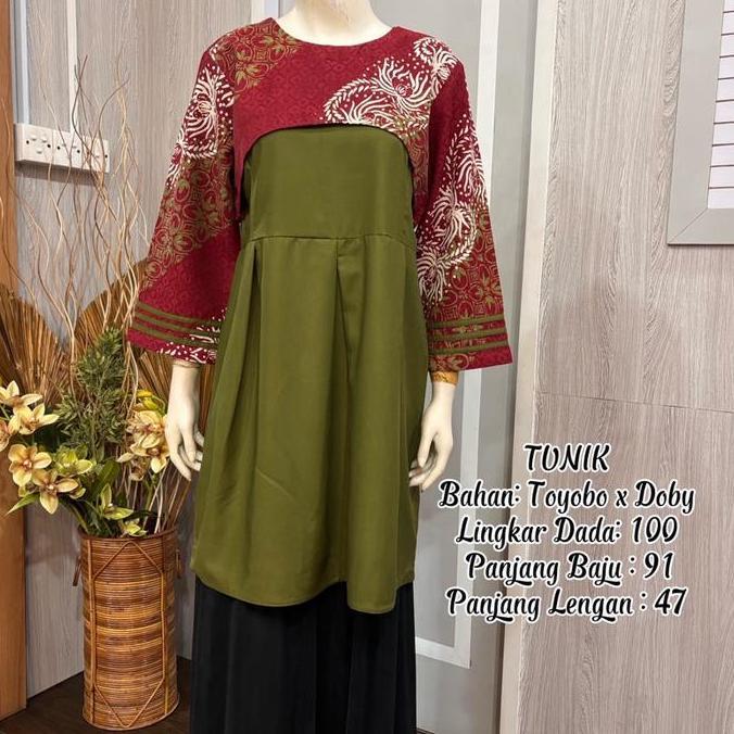 Tunik Batik Kombinasi Polos Bahan Toyobo x Doby Lingkar Dada 100 Panjang Baju 91 Panjang Lengan 47 M