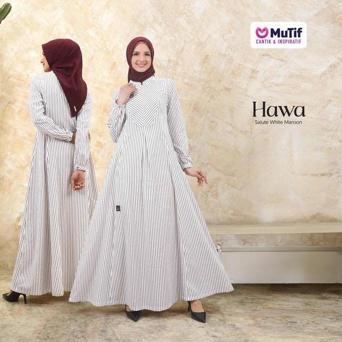 MUTIF Pasangan Couple Dewasa Adam Hawa Maroon Koko Tangan Pendek Gamis Stripe Garis Merah Putih