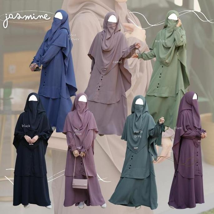 JASMINE Set Gamis Malaysia Premium Grey Kancing Kantong Karet  Muslim Panjang