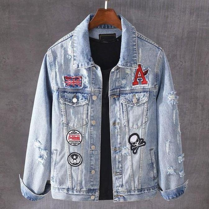 DR207 - JAKET JEANS DENIM BORDIR TEMPEL BLUE TERBARU COWOK CEWEK KEREN