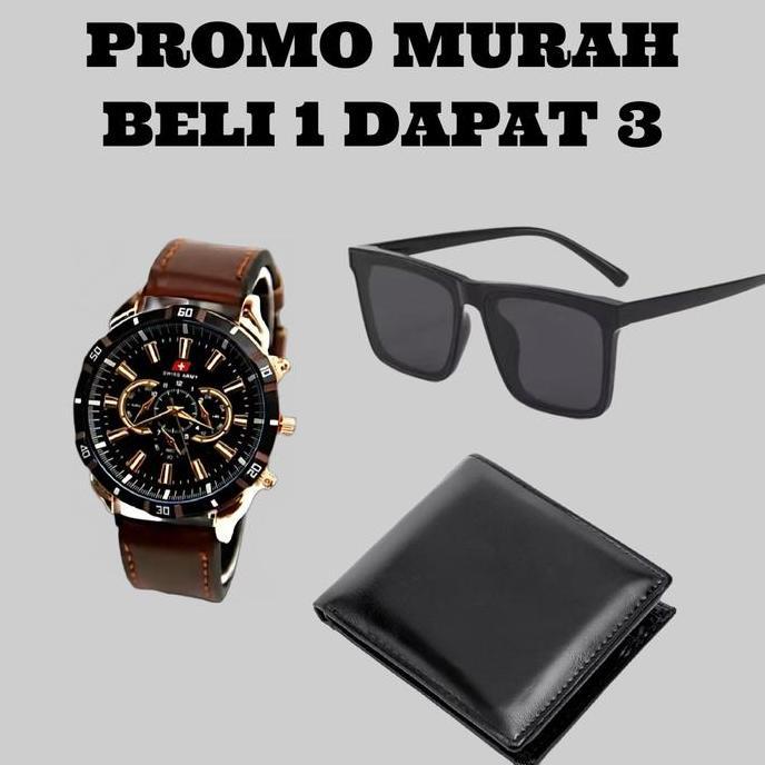 DR287 - MURAH - Jam Tangan Pria SWISARM Tali Kulit Bonus Dompet Kulit Dan Kacamata Keren (BISA COD)