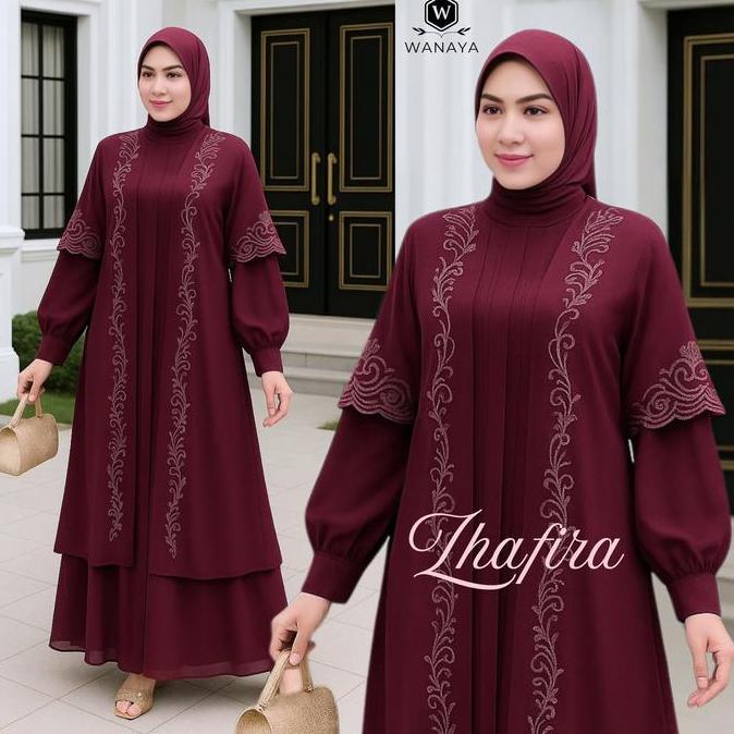 Gamis Set Muslimah Zhafira Bahan Ceruty Babydoll Premium Dua Layer Outer Lepas Pasang Motif Bordir W