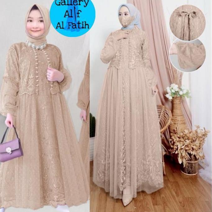 Couple gamis vella ibu anak 3 - 14 th dress pesta brukat tile coksu coklat susu LD 90 100 110 120 SG