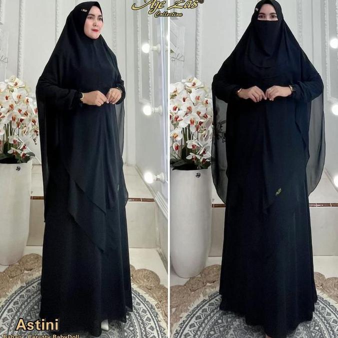 AJEZAS Gamis Syar'i Terbaru Free Cadar tali Kode ASTINI PET Bahan Ceruty BabyDoll