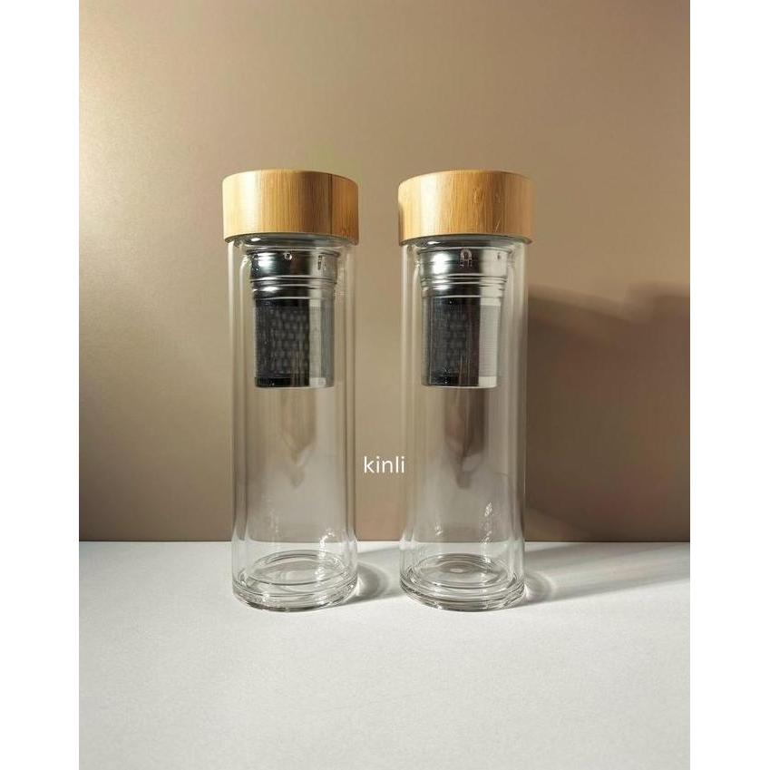double wall glass tea bottle stainless steel infuser bamboo lid