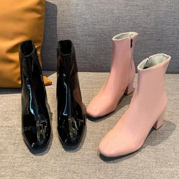 Promo  Pinkey P363 Sepatu Glossy Heels Boots Resleting Kulit Wanita Premium Quality Shoes Hitam Pink
