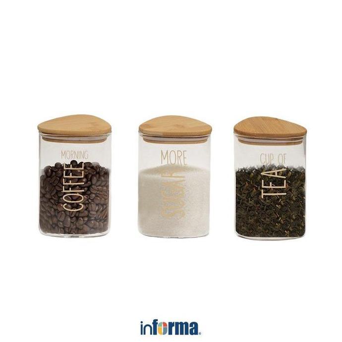 BEBAS ONGKIR - Informa Set 3 Pcs Kanaya Stoples Kaca Toples Kopi Toples Gula Teh Tempat Bumbu Dapur 