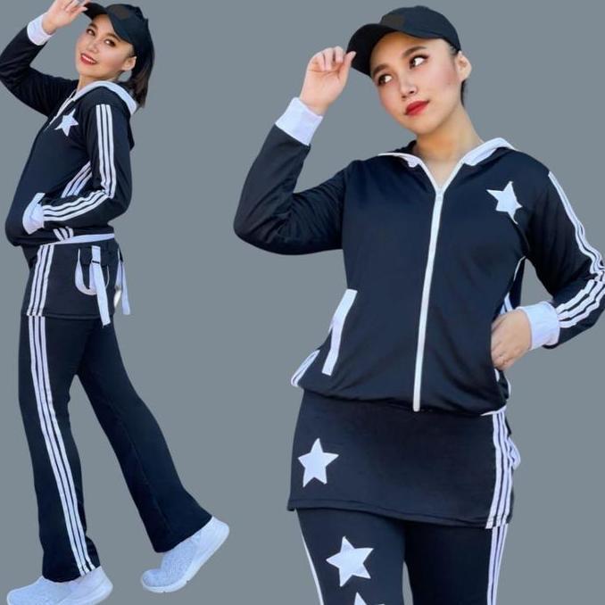 Setelan Baju Olahraga Aerobik Stelan Lapangan Zumba Panjang Muslimah Hijab Set Rok Hitam Lis Putih