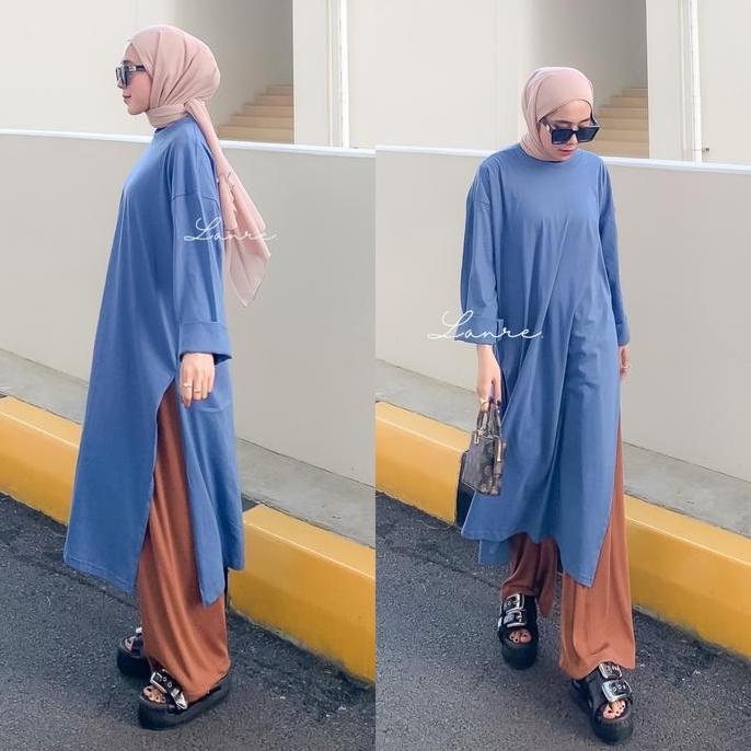 Bergaransi Nuna Tunik Busui Tunik High Slit Tunik Cotton Combed Polos Kaos Basic Wanita Muslim Lembu