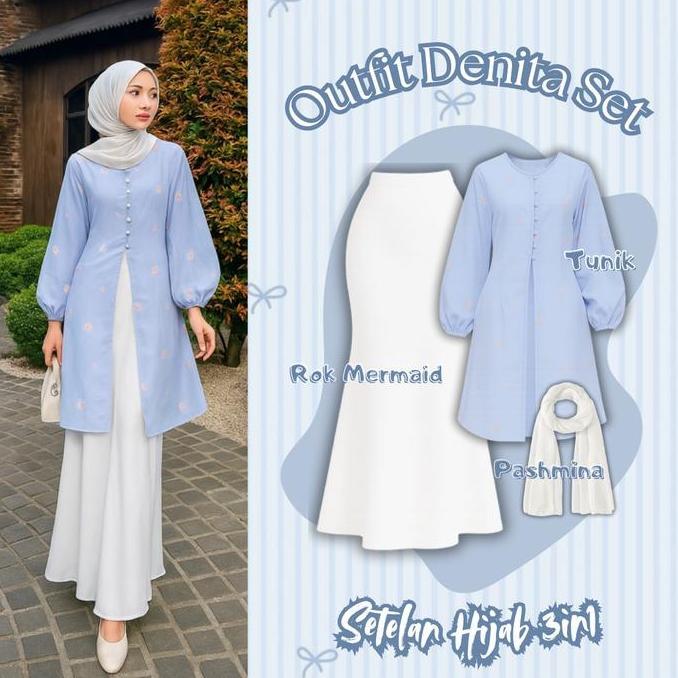 Outfit Wanita 3in1 Denita Set | Tunik Melayu, Rok Mermaid, Pashmina Ceruti | Setelan OOTD Perempuan 