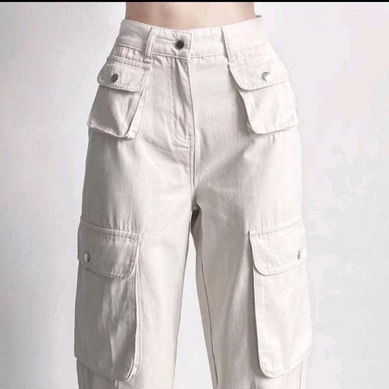 ORIGINAL CELANA CARGO KREM HIGHWAIST WANITA-CELANA CARGO DENIM PASIR PUTIH NEW-CELANA CARGO WANITA