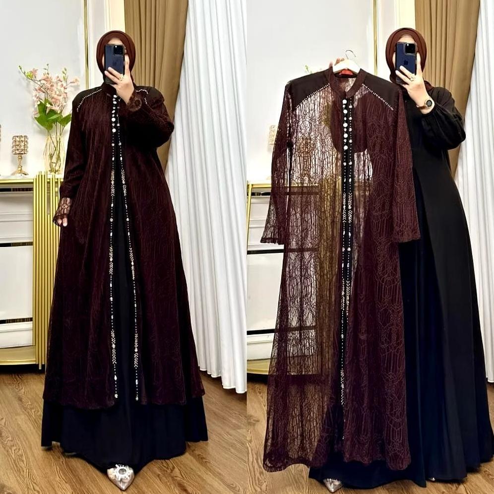 TERMURAH Gamis Jumbo Wanita Terbaru Violla Set Dress BL Bahan Ceruty Baby Doll Mix Brukat Aplikasi P