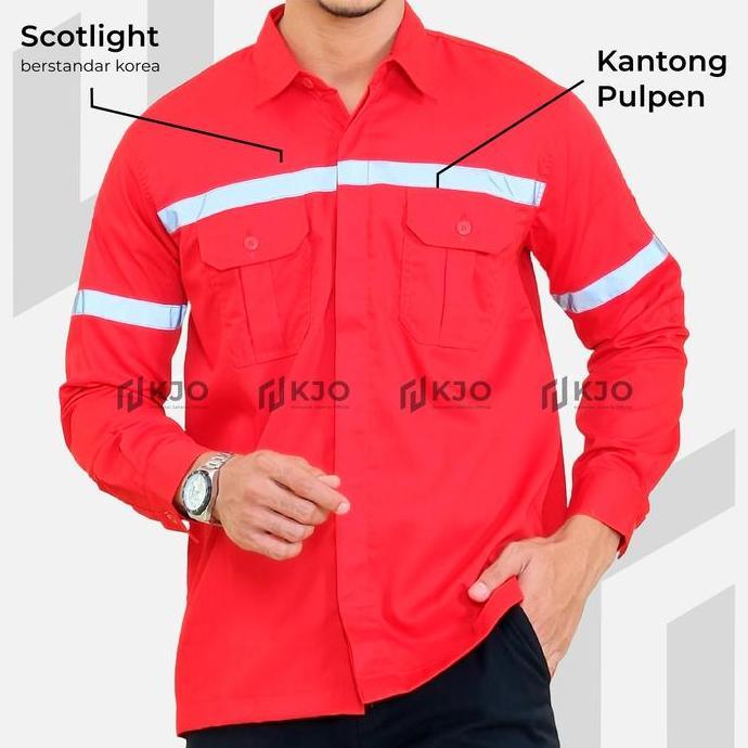 Baju Atasan Seragam Kemeja Proyek Safety K3 Lengan Panjang Merah