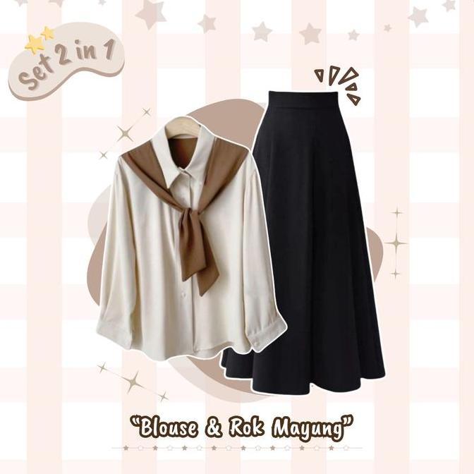 Outfit Set 3in1 Setelan One Set Korea Kekinian ( Blouse Kemeja + Rok Mayung + Jilbab Segi 4 ) Ootd A
