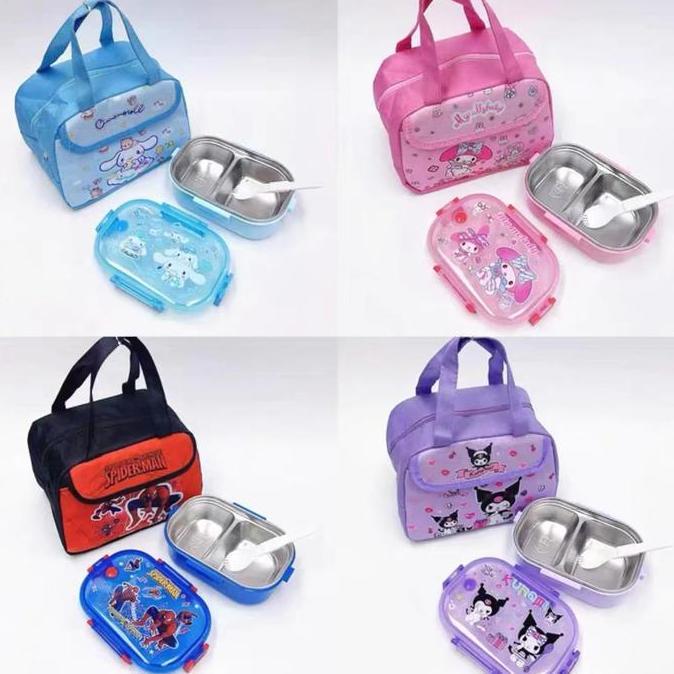 Lunch Box Stainless Frozen Kotak Makan Karakter Sanrio Tempat Bekal 1000 ML Free Tas Bekal Spiderman