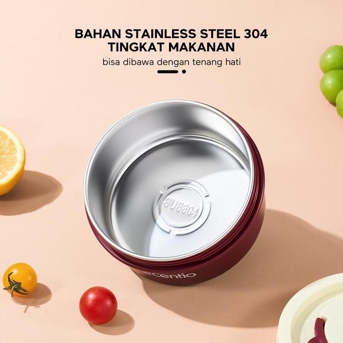 Ecentio Set Kotak Makan Bento & Mangkuk Stainless 304 Lunch Box 3 Sekat Kotak Bulat Anti Bocor Tahan