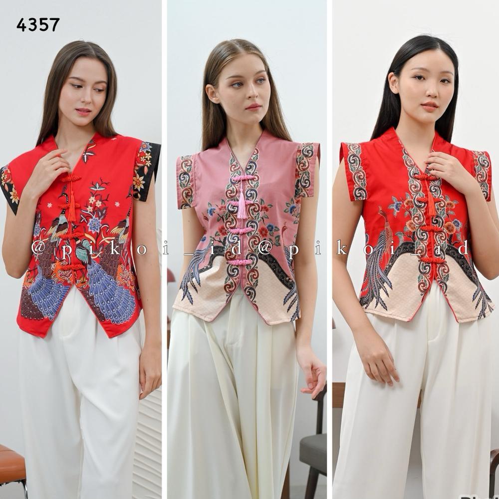 Baju merah imlek motif burung merak / Atasan shanghai batik merah / qipao merah shoulder pad segi em