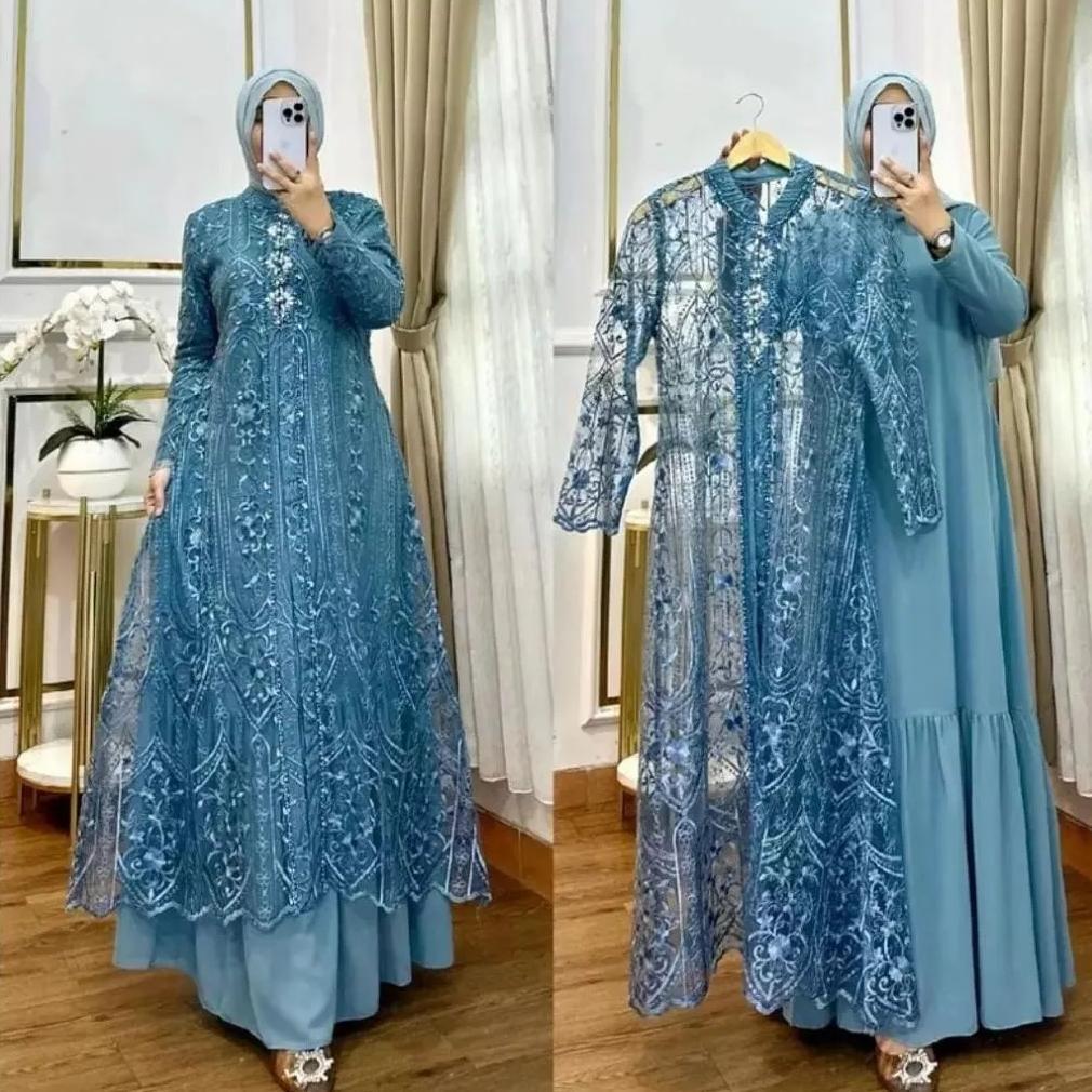 Gamis Pesta Mewah Elegant Laksmi Maxy BO Bahan Ceruty Babydoll Full Puring Mix Brukat Aplikasi Mutia