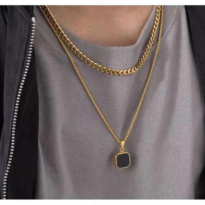 DR315 - [ DOUBLE LAYER ] Kalung Rantai Titanium Pria Terbaru Model Double Layer Liontion persegi+Kal