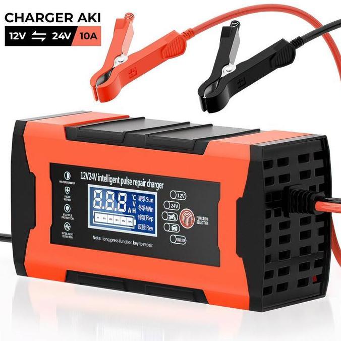 basahimankaluma - charger aki otomatis 12v-24v 10a charger aki portable lcd indikator cas aki - 12v2