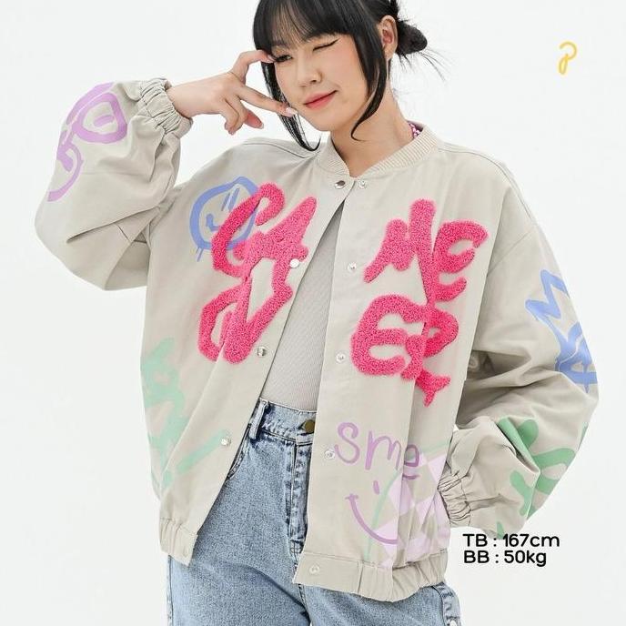 Lansungkirim- Pakepakaii Jacket Main Bomber Jacket Bordir Bulu Hitam Katun Jaket Wanita Abu Coklat O