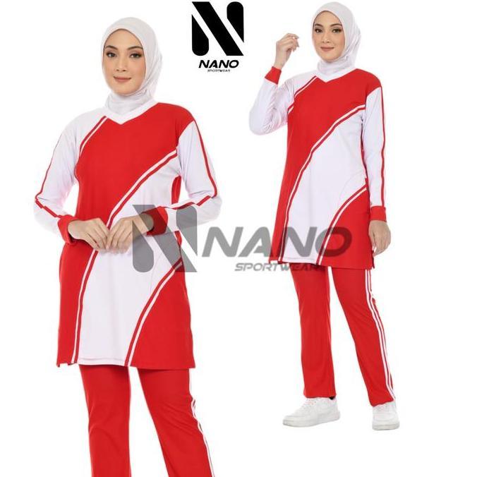 NANO SPORTSWEAR BAJU SENAM MUSLIM MERAH PUTIH / BAJU SENAM MUSLIM WANITA