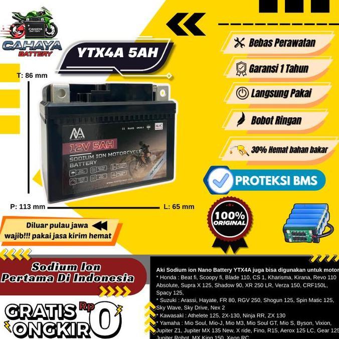 basahimankaluma - nano battery aki motor sodium ion 12v. 5ah ytx4a / gtz5s / aki beat vario110 mio f