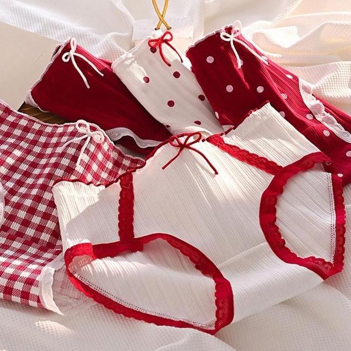 CD2143 Celana Fashion Wanita Renda Lembut Warna Merah Kekinian Motif CD