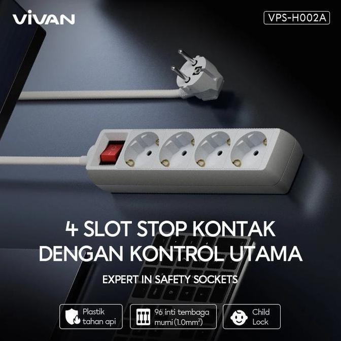 VIVAN VPS Series KABEL Stop Kontak Socket 3 4 5 6 Slot Plastik Tahan Api Child Lock 1,6M TAHAN 4000 