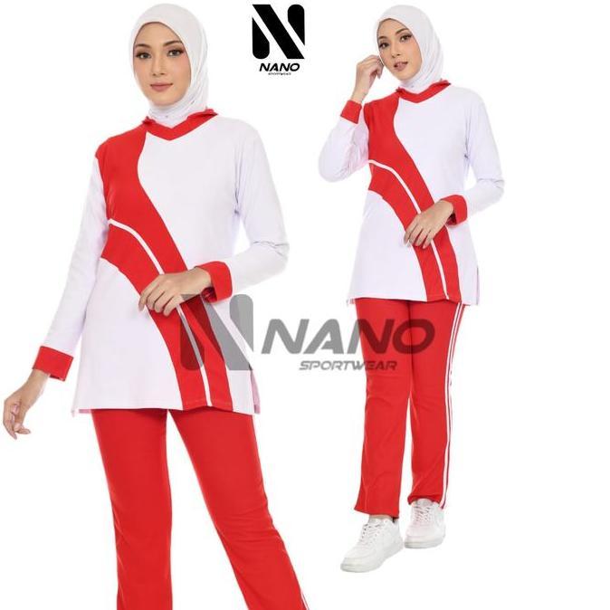 NANO SPORT || BAJU SENAM WANITA / SETALAN OLAHRAGA WANITA MERAH PUTIH