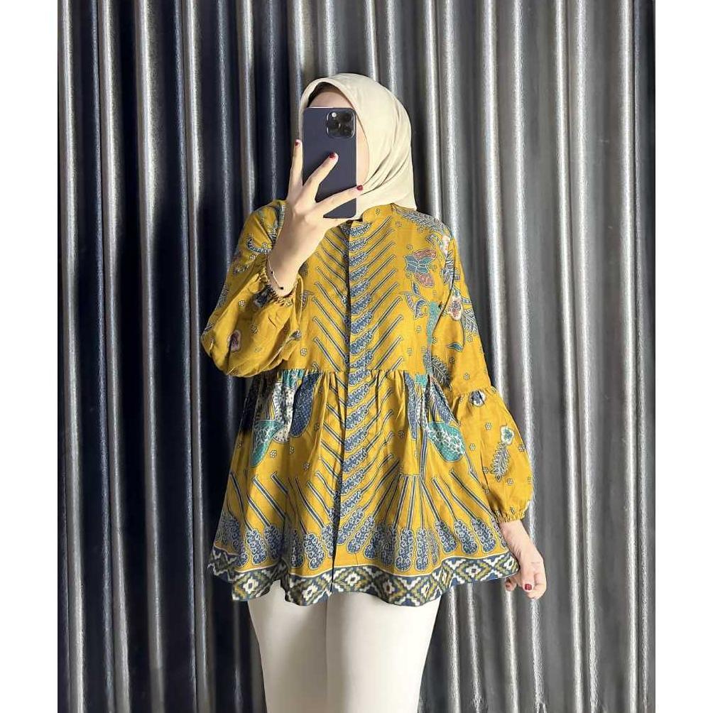 TERKINI Atasan batik wanita Blus batik lengan balon model peplum payung blus terbaru TERKINI