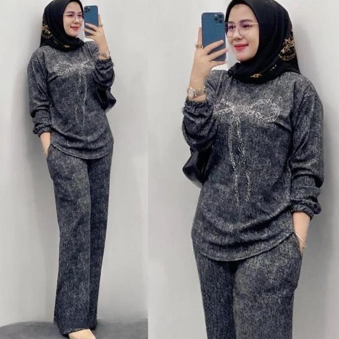 Acinta Set Knit Bahan Jeans Babyterry Setelan Wanita Simple Kasual Model Terbaru Warna Ungu dengan D