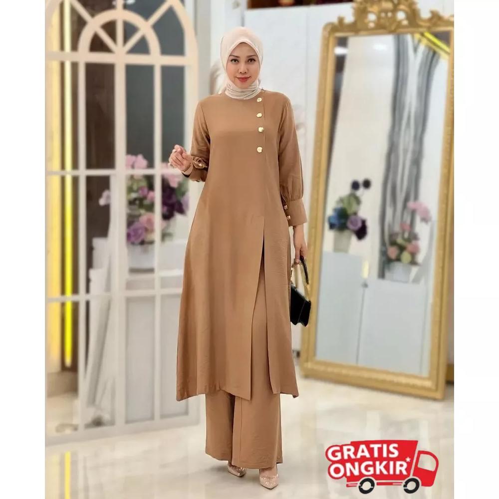 BEST DEALS Setelan Crinkel Airflow Premium Adeline Set Wanita Tunik Celana Kulot Saku Kanan Kancing 