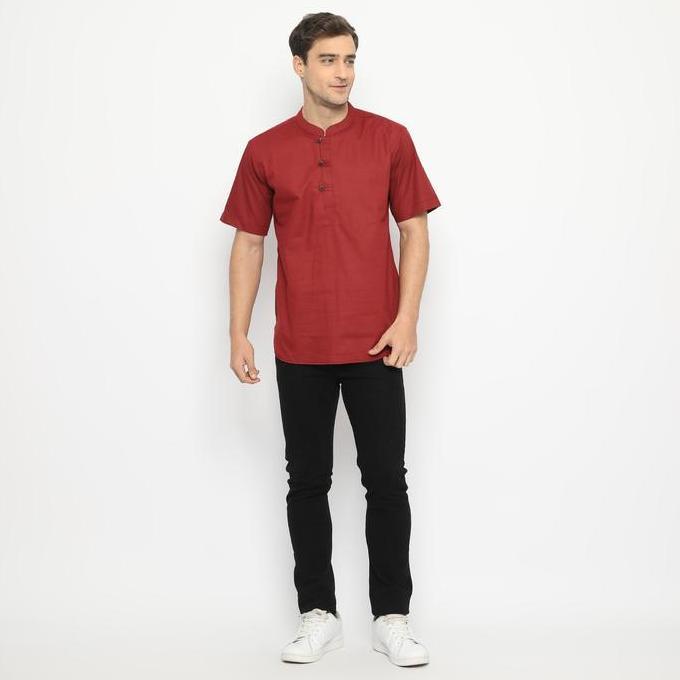 kemeja pria maroon merah kerah shanghai koko + slimfit + baju kerja Muslim
