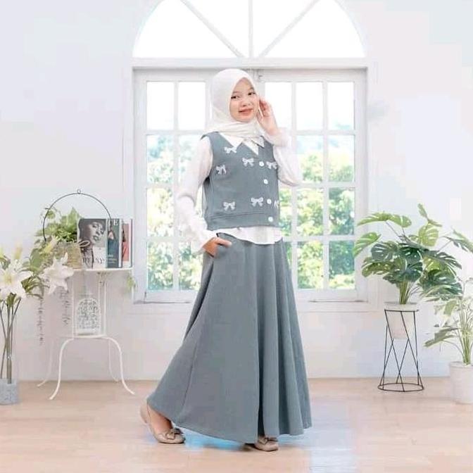 Akhira Set 3in 1 Baju Muslim Anak Tanggung Usia 8 Sampai 12 Tahun Setelan Anak Perempuan Atasan Vest