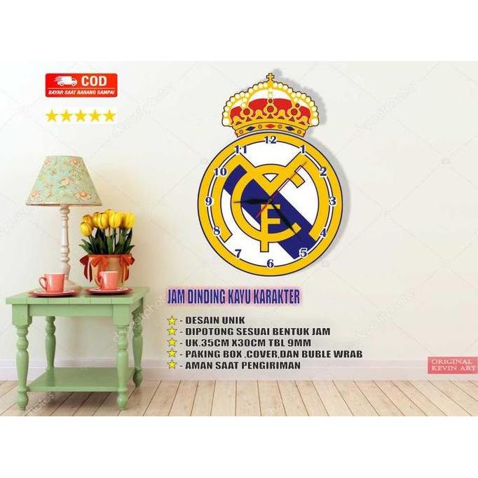 Jam Dinding Real Madrid ukiran kayu dekorasi kamar ruang tamu aesthetic