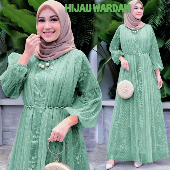 Gamis Salina Tile Mutiara Busui Dress dengan Tangan Wudhu Friendly dan Aksesoris Mutiara di Pinggang