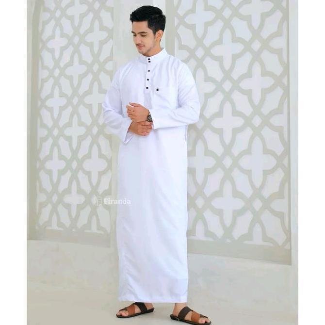 Jubah Saudi Gamis Pria Muslim Arab Dewasa Firanda Putih Lengan Panjang Model Saudi Kancing Cetek Jub