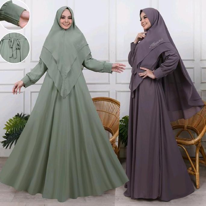 Gamis ceruty polos jumbo set kerudung Baju ibu ibu jumbo mewah terbaru Syari Wanita Muslim Khimar La