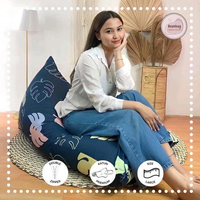 Bean bag triangle plus isi motif Leaf Navy size dewasa - beanbag murah berkualitas Sofa Furniture Mi