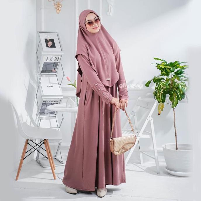 Set Gamis Muslim Allura Knit Premium Kekinian dengan Kerah Kaos Oblong dan Kancing Menarik - Khimar,
